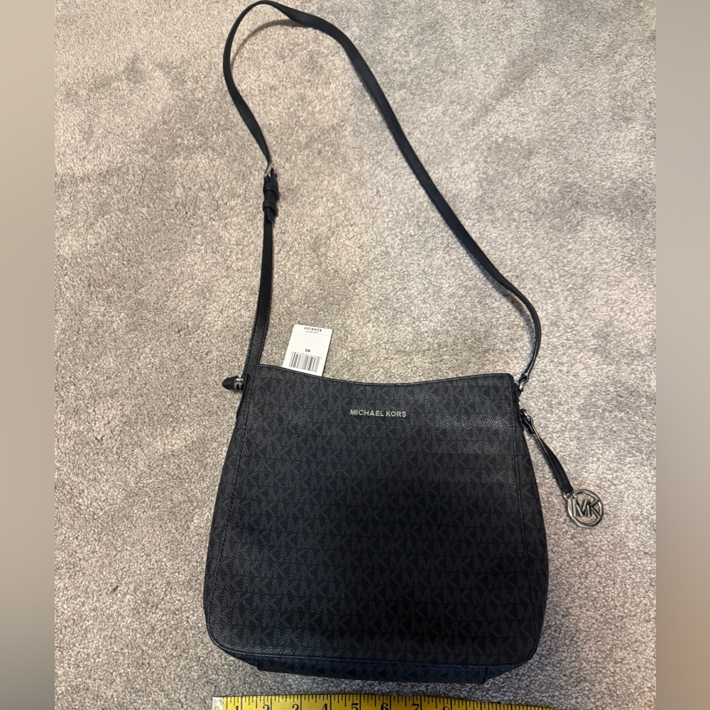 Michael Kors Black Logo-Print Crossbody Bag with MK Charm